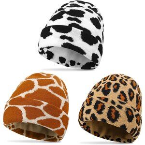 3 Women Men Print Beanie Hats Winter Knitted Warm Hat with Cow Leopard and Giraf